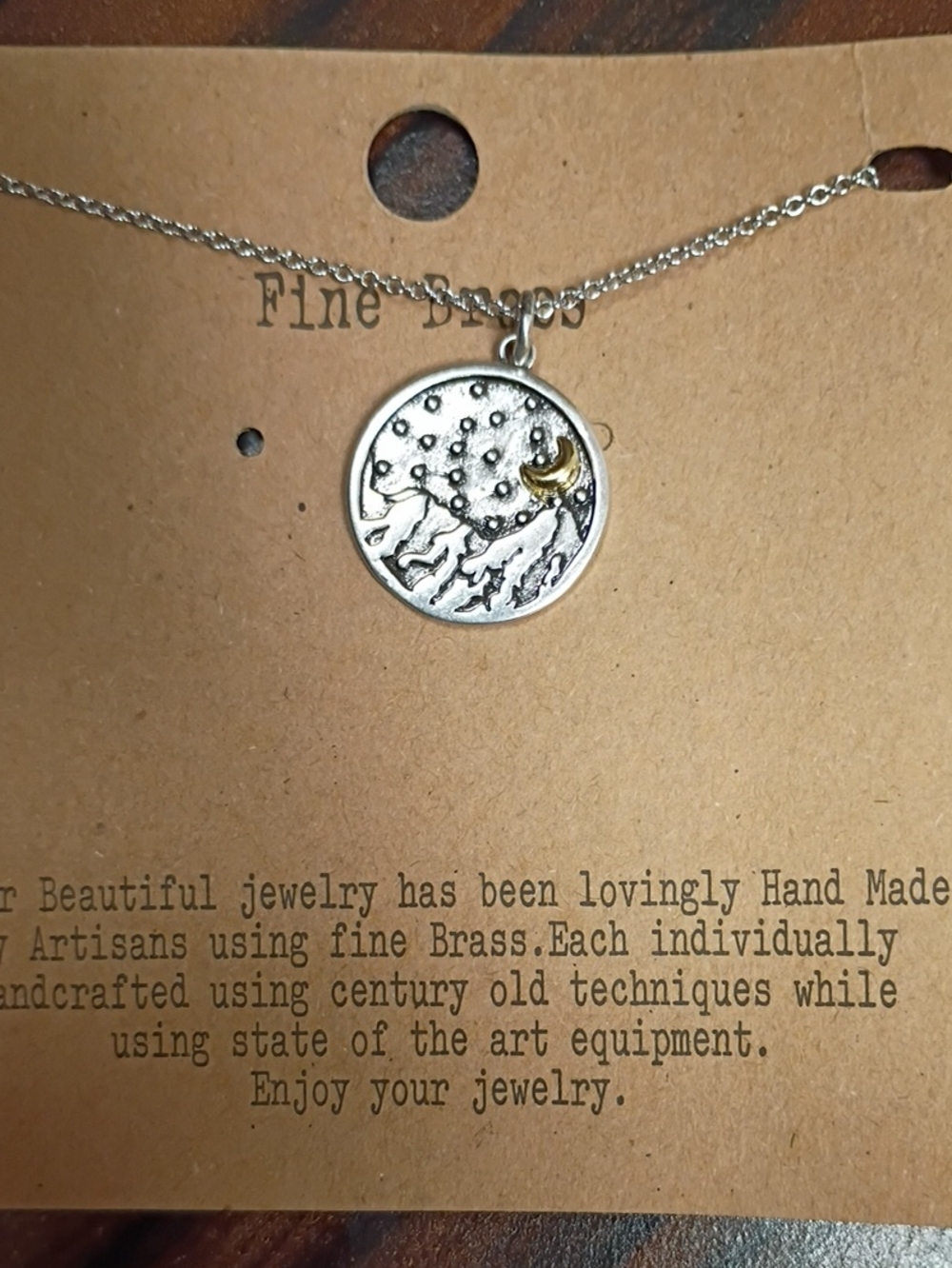 Handmade Silver Tone Mountain & Moon Pendant Necklace -